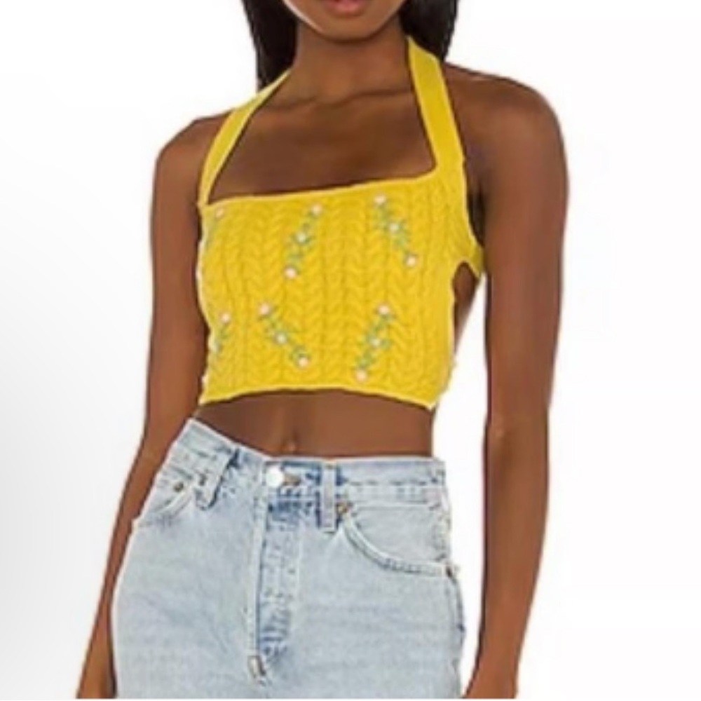 GUIZIO Revolve Exclusive Cable Knit Floral Embroidered Halter Top in Dandelion - Picture 3 of 7